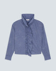 Blue Victorian-style checked ruffle shirt with high neck and long sleeves by SUNCOO, displayed on gray background.