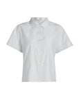 The Boardwalk Shirt by FRAME is a light blue and white vertically striped short-sleeve cotton-silk shirt with a collar, shown against a white background.