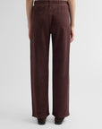 Dark brown wide-leg pants with denim print and elastic waist, back view of Rag & Bone rb miramar terry track pull on.