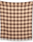 The S&A Blanket by Faire displays a vintage-inspired beige and brown plaid with a woven pattern, fringe edges, and a small fabric label in one corner, shown flat against a white background.