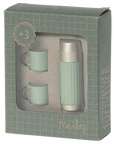 Light blue and silver Maileg Thermos & Cups set in a green grid box with clear window, for hiker mice.