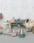 Maileg Mouse Bench with toy mice in a cozy living room scene, perfect for playful kids’ decor.
