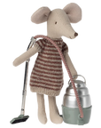 Maileg mouse in a striped dress holding a toy vacuum cleaner, perfect for pretend play; by Maileg.
