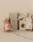 Maileg Closet with dollhouse furniture in a warm, playful kids’ room as mice play nearby.