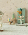 Maileg mice in pajamas with dollhouse furniture and closet, styled in a cozy kids’ room setting for Bungalow Furniture.