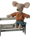 Maileg Mouse Bench with striped mouse on patterned wooden seat, Maileg toy, whimsical nursery decor.