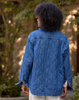 Diamond-quilted Eileen Denim Jacket in Famous Denim, back view.