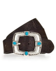 Anthracite leather belt with silver buckle, turquoise accents by B.Belt, Pansy 20mm.