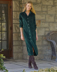 Peacock RORY Maxi Shirtdress by Frank & Eileen styled with boots, exuding laid-back California chic on a stone porch.