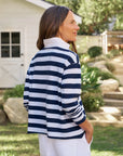 Frank & Eileen Patrick Henley Jersey in navy and white stripes, relaxed fit, styled outdoors.