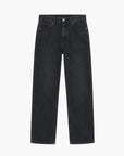 Black straight-leg, high-waist denim jeans by Denimist, rigid cotton; five-pocket style laid flat on white background.
