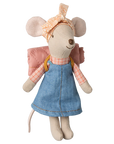 Maileg Hiker Mouse in blue dress, pink headscarf, and backpack from Bungalow Furniture & Accessories.