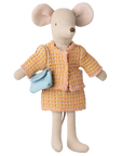 The Maileg Mum Suit by Maileg is a plush mouse toy in a yellow and pink plaid jacket and skirt, accessorized with a blue mouse lady bag. This charming mouse features round ears and a simple stitched face.