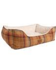 Rectangular Pendleton plaid and cream faux fur Kuddler bolster dog bed.