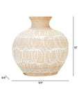 The Import Collection’s Presden Tall Vase is a round beige stoneware vessel with a narrow neck and white swirl pattern, ideal for modern decor. It measures 13" tall and 9.5" wide at the base and middle.