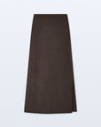 The Luxe Cotton Skirt by White + Warren is a long, dark brown Italian cotton skirt with a straight cut, simple design, and subtle side slit, shown against a light gray background.