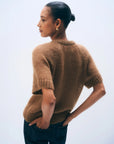 Brown Mohair Blend Tee by White + Warren styled with dark pants, modern casual look, hand on hip.