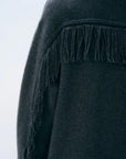 Dark gray longline cashmere blend fringe coat by White + Warren with fringe detail on shoulders and sleeves.