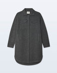 Dark gray fringe coat in merino wool cashmere blend with a collar, chest pockets, and snap buttons by Bungalow.