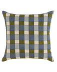 The Ezra Pillow by Faire features a soft linen cover with an olive green, blue, and off-white checkered grid—offering a simple, modern look that adds stylish comfort to any space.