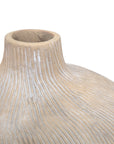 Close-up of the Kepler Vase by The Import Collection, featuring a textured beige ceramic body with carved white linear patterns—an elegant short vase ideal for home decor.