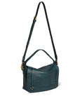 The Pepito Bag by Jerome Dreyfuss is a dark green leather shoulder bag with gold hardware, an adjustable strap, and a short handle, shown against a white background.