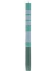 The Striped Beryl Green & Moonstone Candles S/2 by Faire feature tall, slender hand-poured candles with alternating blue and green bands, adding vibrant elegance to any table setting.