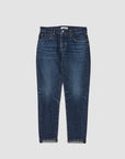 Moussy Carroll Tapered dark wash stretch denim jeans with button fly and cuffed hems.