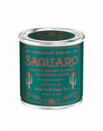 The Saguaro National Park Candle by Faire comes in a green and silver tin with cactus art, featuring scents of cactus, desert florals, labdanum, and amber. Made in the USA.