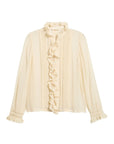 Cream long-sleeve blouse with lace ruffles and pintucks by DOEN, Magdeleine Top, tailored feminine silhouette.