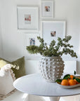 Faux Sage Moss Spray 33″ in a textured white vase on a table with oranges, Bungalow Furniture & Accessories style.