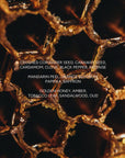 Close-up of warm golden honeycomb with text listing aromatic notes—spices, citrus, saffron, honey, tobacco leaf, sandalwood, oud—evoking the rich scent of Faire’s HONEYPUNK 12 oz spiced honey candle made from scented soy wax.
