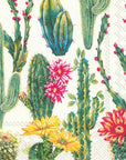 Boston Cocktail Napkins by Faire feature green cacti with pink and yellow flowers plus red berries on a white textured background—a vibrant pattern ideal for festive gatherings or adding flair to your napkin assortment.