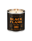 Black Flame soy candle by Faire with orange and black design, limited edition, incense oud leather scent.