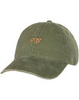 The Great Inc.'s Classic Baseball Hat features olive green cotton, yellow vintage "TG" embroidery on the front, a curved brim, visible stitching, and an adjustable closure for a comfortable fit.