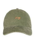 The Classic Baseball Hat by The Great Inc. comes in olive green with a curved brim, tan "T.G." vintage embroidery on the front, and an adjustable back for a perfect fit.