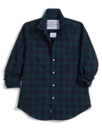 Dark green and navy plaid tailored button-up shirt with rolled cuffs, Frank & Eileen Barry, Italian cotton.