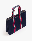 Navy cotton tote with red and white striped handles, Mother embroidery; by The Everywhere, casual everyday bag.