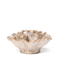 The Faire Sea Lettuce Large Pearl Flower is a handcrafted ceramic bowl with a ruffled edge and glossy off-white glaze accented by golden highlights—ideal for boho faux greenery or pairing with ceramic flower wall decor.
