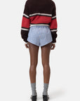 CLOSED Boxer Pantie in red stripes, styled with gray socks and black shoes, Bungalow Furniture & Accessories.