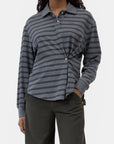 Gray striped CLOSED polo longsleeve with asymmetrical buttons, paired with olive pants, modern casual style.