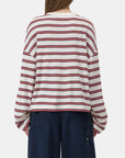 CLOSED multicolour striped crewneck long sleeve top and dark wide-leg jeans, viewed from the back.