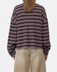Multicoloured striped CLOSED crewneck top and beige wide-leg pants, shown from the back in a casual setting.
