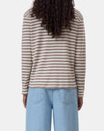 Beige and white ribbed jersey long sleeve tee by CLOSED, shown from the back, paired with light blue jeans.