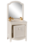 The Maileg Sink Dresser is a small white vanity cabinet with an open door, gold faucets, and an attached mirror—perfect for adding classic farmhouse elegance to any dollhouse or miniature setting.