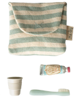 Blue striped pouch with toy toothbrush, toothpaste, and cup by Maileg—perfect for a mouse bathroom set.