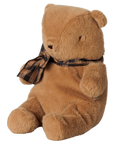 Maileg Teddy Bear plush in tan, wearing a dark brown and tan plaid scarf. Small, cuddly toy.