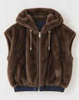 Brown faux fur hooded sleeveless vest with front zipper and elasticized hem, Bungalow Frisson Reversible Faux Gilet.