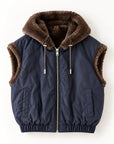 Navy blue quilted hooded vest with reversible brown faux fur lining from Bungalow Furniture & Accessories.