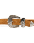 Tan Italian suede Western belt featuring an ornate antique silver buckle by Streets Ahead Inc.